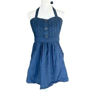 Y2K Chambray Halter Mini Dress Cotton Denim Festival Dress Cottagecore Medium